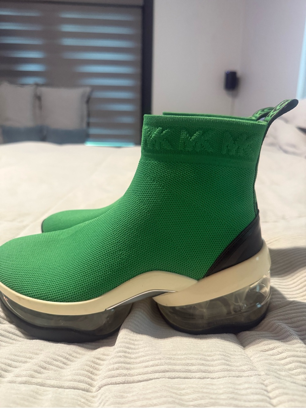 Michael Kors Green Knit Sock Ankle Booties with Transparent Platform